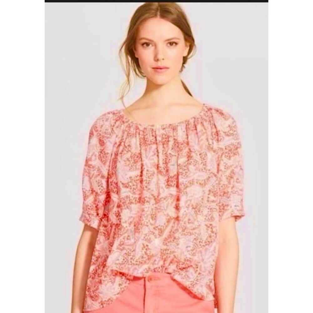 Tory Burch Floral 100% Cotton Gauze  Blouse Red Melon Size 8 / Medium